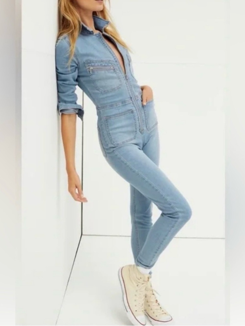 Free People Lennox Light Blue Denim Zip-Front Jumpsuit